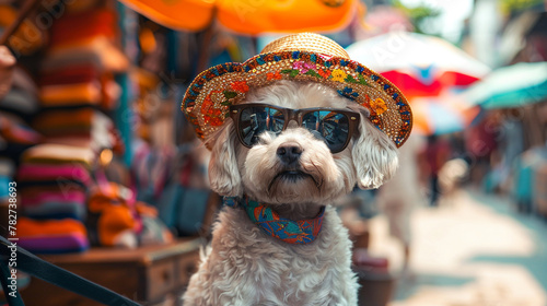 Dog in sunglasses and a sunhat navigating a colorful market exploring exotic locales with a sense of wonder photo