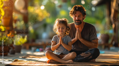 a father and his daughter practicing yoga in the lotus position on a cool sunny calm day