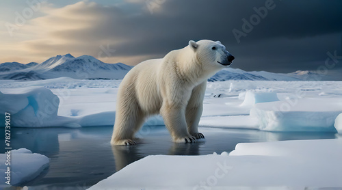 Polar bear threatened by climate change and global warming, trying to survive on melting ice, in spectacular snowy landscape, dark surroundings, heat