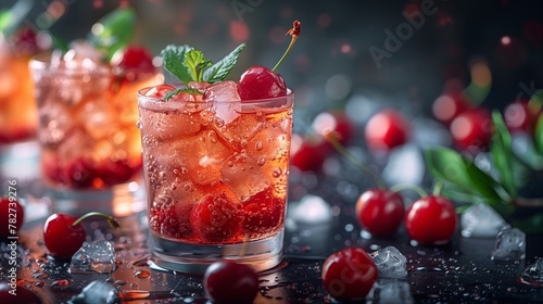Close up of a cocktail featuring cherries, ice, and liquid on a table