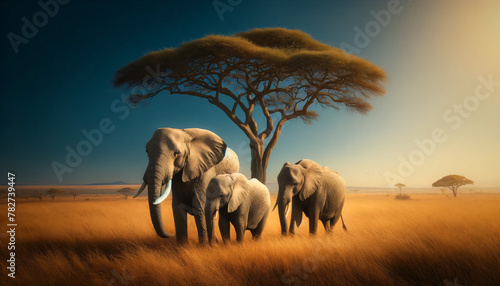 Three African elephants walking in the golden grass of the savannah. They are grazing peacefully with a solitary acacia tree