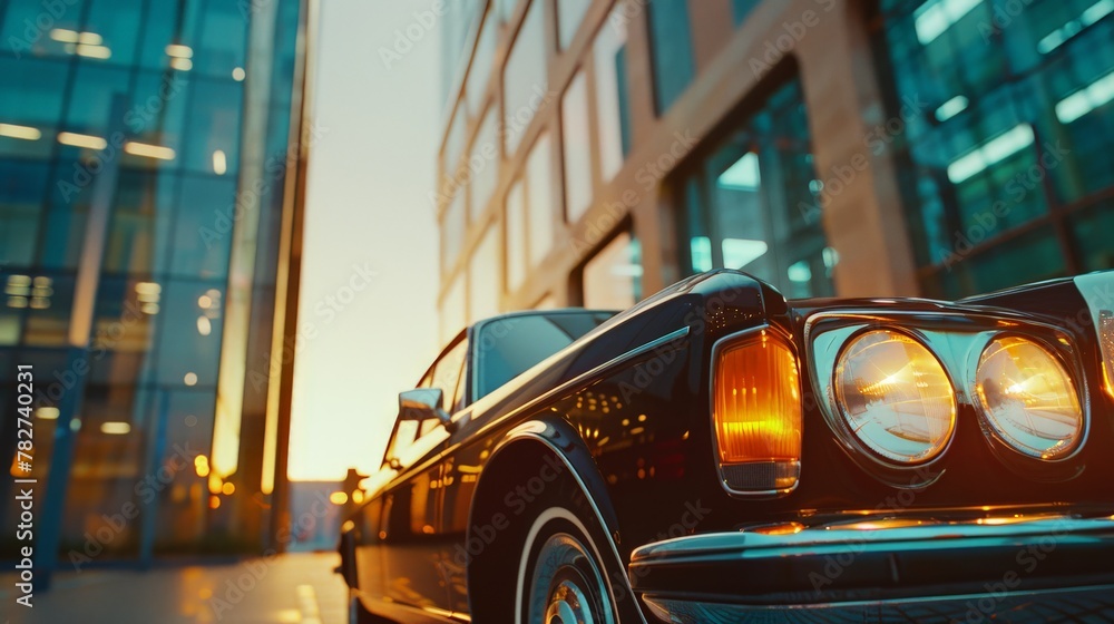 Obraz premium A black car is parked in front of a tall building, Generative AI