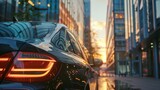A black car is parked on a city street at sunset, Generative AI
