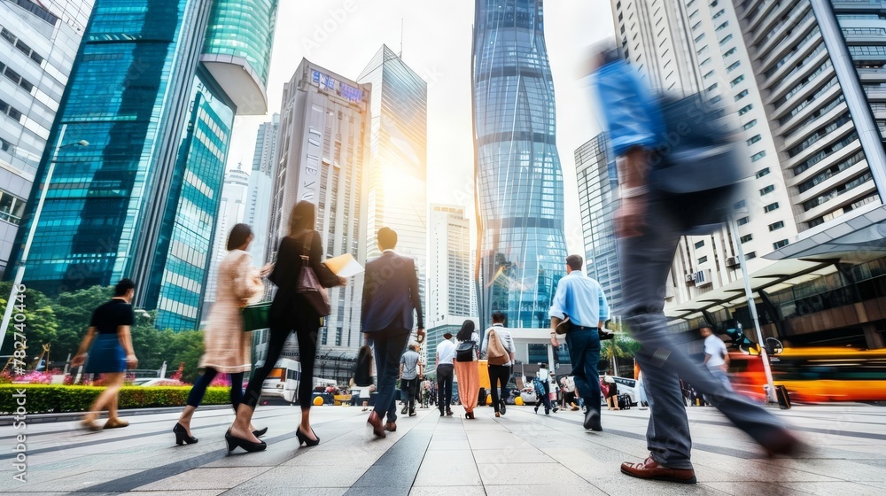 Obraz premium Blurred businesspeople walking at modern city with city scape background, Generative AI