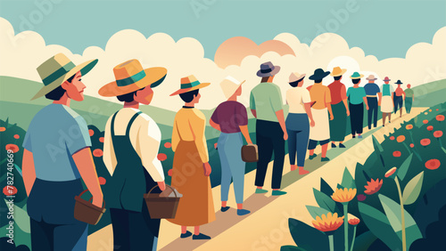 A line of people young and old waiting patiently outside of a flower farm wearing sun hats and carrying baskets. As they enter they are greeted