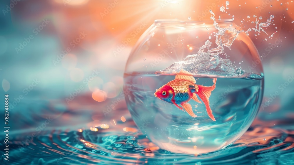 clear blue ocean, gold coin sacred geometry sun disc beaming light rays, a pink, blue, gold fish jumping out of a fishbowl on the water, fantasy, mystical clear blue ocean, gold coin sacred geometry sun disc beaming light rays, a pink, blue, gold fish jumping out of a fishbowl on the water, fantasy, mystical