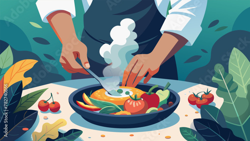 A closeup of skilled hands expertly crafting a mouthwatering dish using the freshly picked vegetables and herbs from a lush garden. The steam