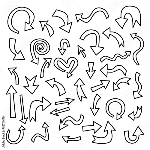 Set of black, hand drawn, doodle spiral arrows.