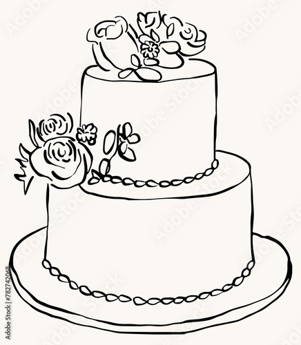 Ilustración vectorial de pastel de bodas. Pastel dibujado a mano para invitaciones, guarda la fecha, papelería. Arte en líneas de pastel de bodas. Boceto de torta.
