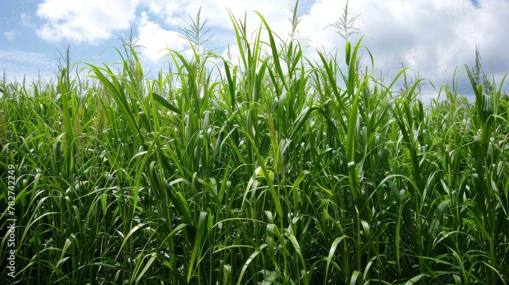 A field of tall green plants sway gently in the wind. Close inspection reveals that these plants are being grown specifically for use in biofuel production providing a sustainable . A field of tall green plants sway gently in the wind. Close inspection reveals that these plants are being grown specifically for use in biofuel production providing a sustainable .