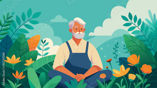 An older man sits contentedly in his garden surrounded by lush green foliage and vibrant blooming flowers. He beams with joy as he tends to his