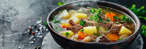 a bowl of beef and potato soup, generative AI