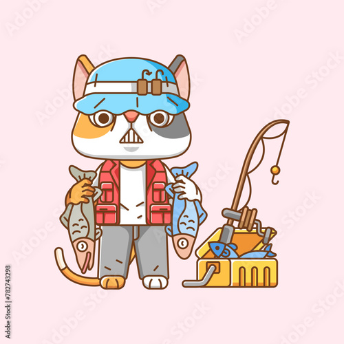 Cute cat fisher fishing animal chibi character mascot icon flat line art style illustration concept cartoon