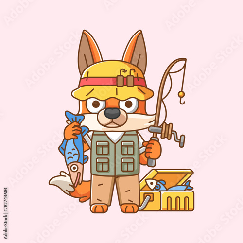 Cute fox fisher fishing animal chibi character mascot icon flat line art style illustration concept cartoon