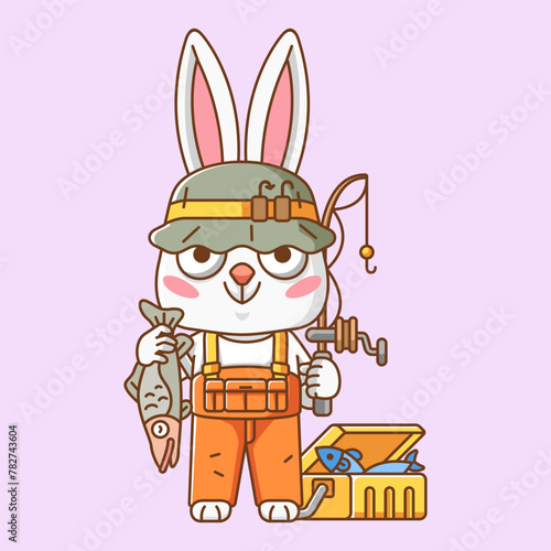 Cute rabbit fisher fishing animal chibi character mascot icon flat line art style illustration concept cartoon