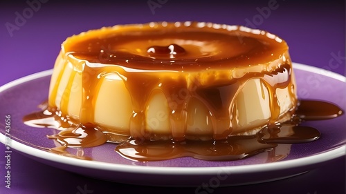  Single slice of caramel-topped flan on purple background with syrup dripping off side photo