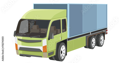 Cartoon vector or illustration of perspective Big truck with container. Can see interior of car with console and seats. Isolated white background.