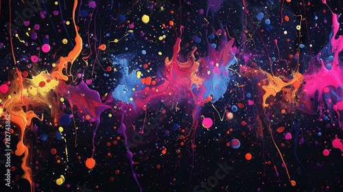 Ultraviolet fluorescent paint splatters on a black canvas photo