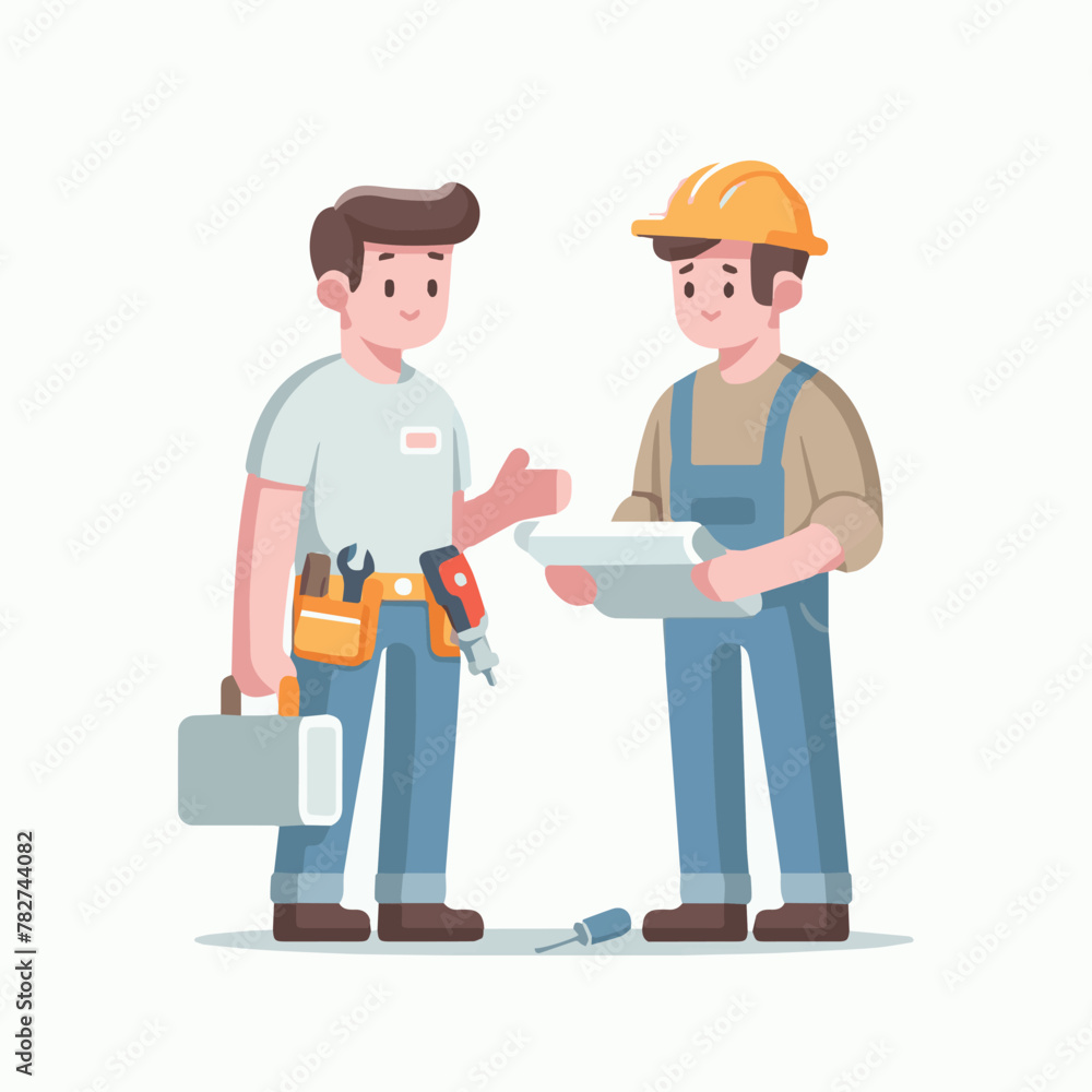 Vector illustration of two male workers planning the construction of a building. Design for international labor day.