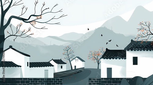 Minimalist ink country house illustration poster background