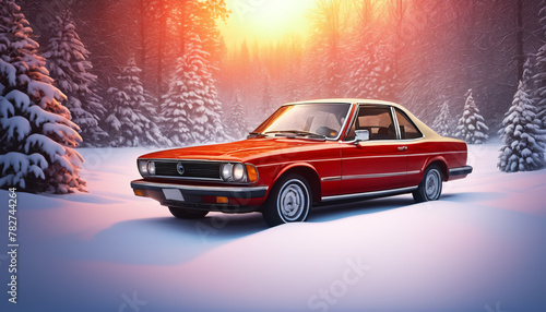 Vintage Red Car in Snowy Forest at Sunset