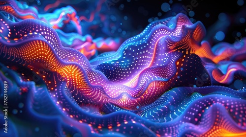 Vibrant fluorescent patterns and shapes glowing against a black background © neural9.com