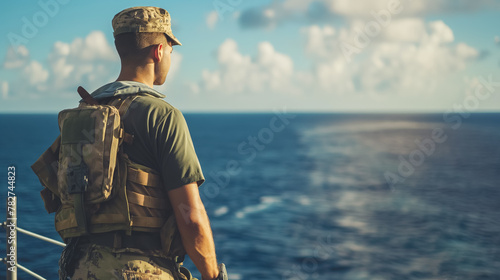 A solitary soldier in combat gear gazes out at the vast ocean, contemplating the horizon. photo