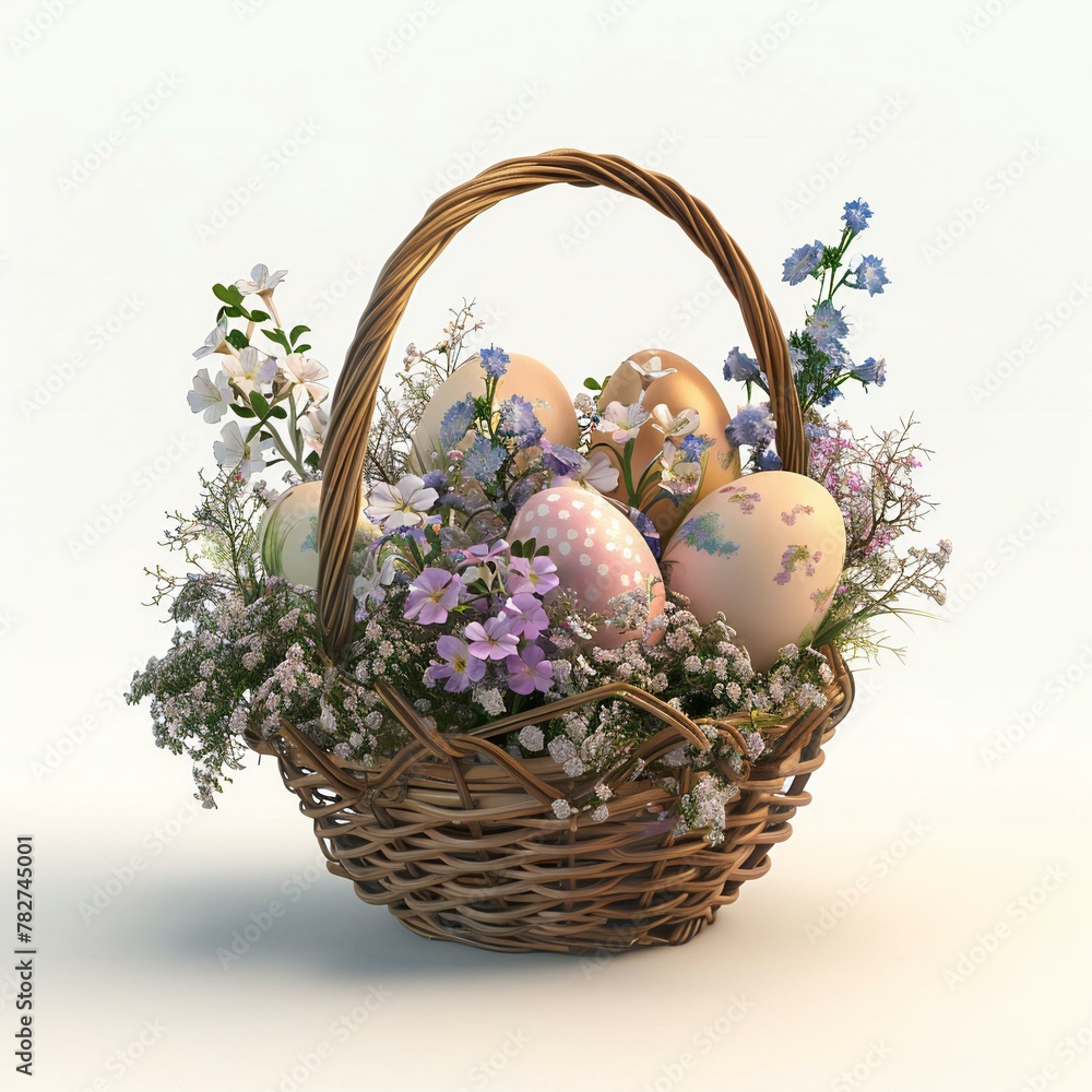 3d easter colorfull eggs basket with flowers iso