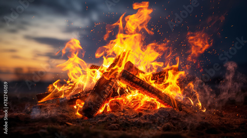 Fierce campfire blazes against the twilight sky, its flames dancing and casting a warm glow.