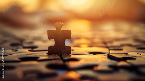 Single puzzle piece stands alone against the backdrop of a glowing sunset, suggesting an unsolved mystery or solution. photo