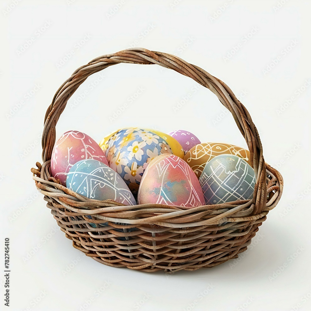 3d easter colorfull eggs basket with flowers iso