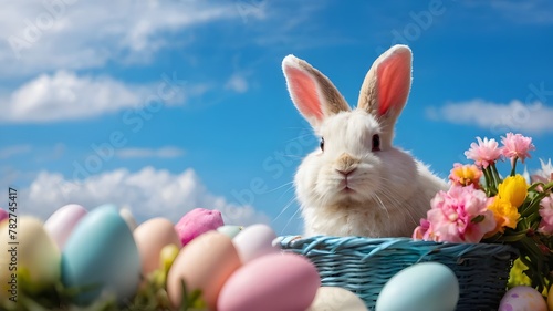A fluffy white bunny with floppy ears and a colorful Easter basket filled with pastel eggs, surrounded by blooming flowers and a bright blue sky. photo