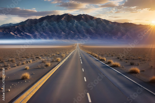 Highway at sunrise, going into Death Valley National Park. Road and Sky photo