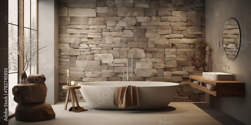 A Nordic bathroom with a freestanding bathtub  natural stone tiles  and a rainfall showerhead.