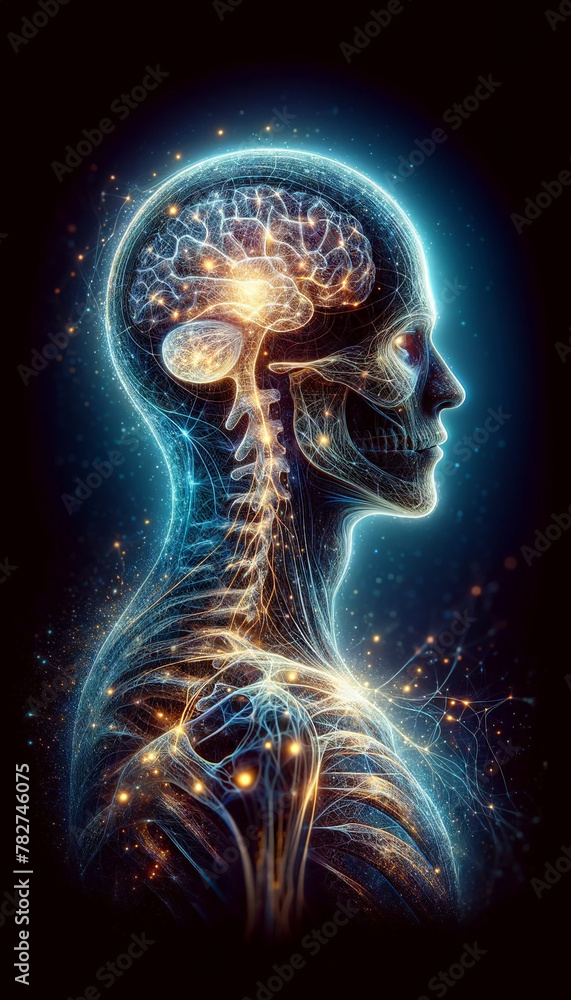 A man's head is shown in a blue and green color scheme with a skull on the right side. The skull is surrounded by a glowing, colorful aura. Concept of mystery and intrigue A man's head is shown in a blue and green color scheme with a skull on the right side. The skull is surrounded by a glowing, colorful aura. Concept of mystery and intrigue