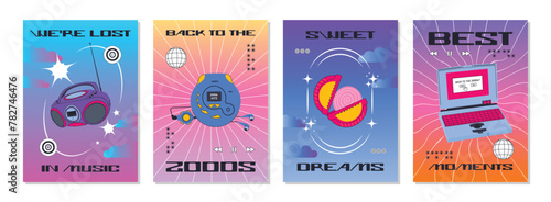 Set of retro posters with game, phone and camera. Collection of positive y2k style posters. Nostalgia for 2000s. Trendy backgrounds with frame and gradient.