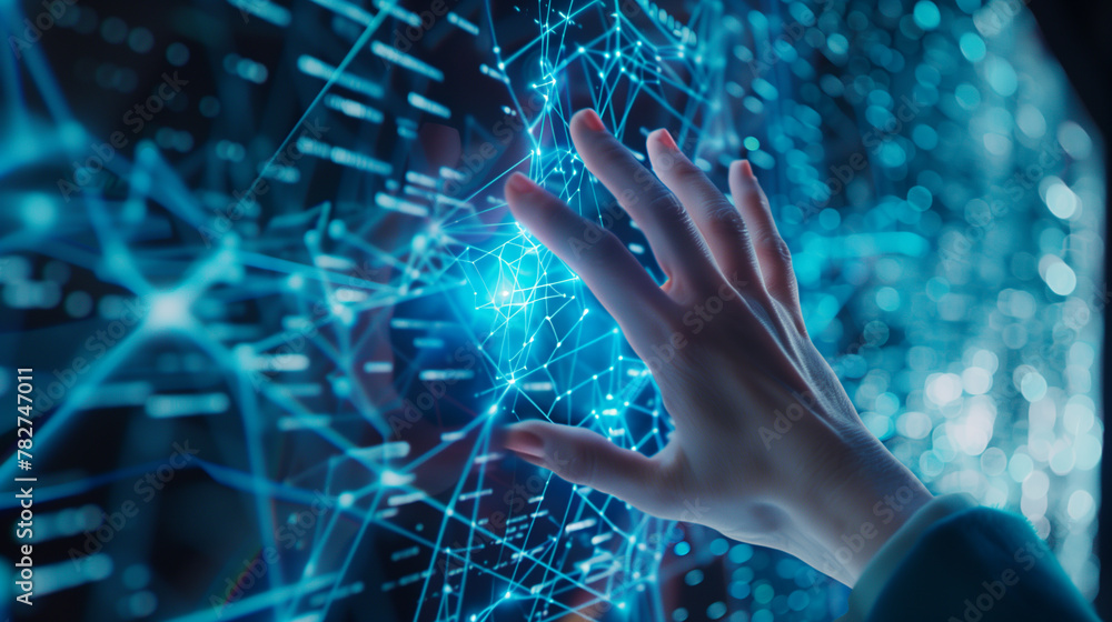 A hand is touching a blue screen with a lot of lines. Concept of technology and innovation, as well as the idea of human interaction with machines A hand is touching a blue screen with a lot of lines. Concept of technology and innovation, as well as the idea of human interaction with machines