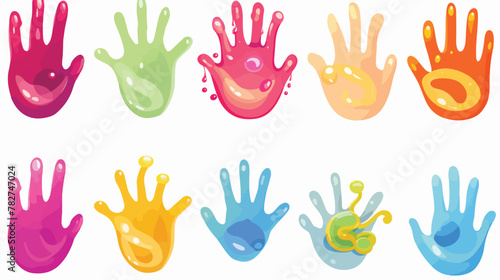 Colorful slime set. Human hands touching holding an © Pixel