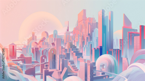 Futuristic Pastel Cityscape with Abstract Architecture and Sun Setting photo
