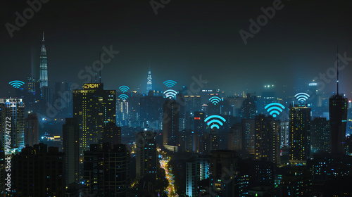 A city skyline with a lot of buildings and a lot of Wi-Fi signals. The Wi-Fi signals are shown in different colors and are spread out across the city. Concept of a modern