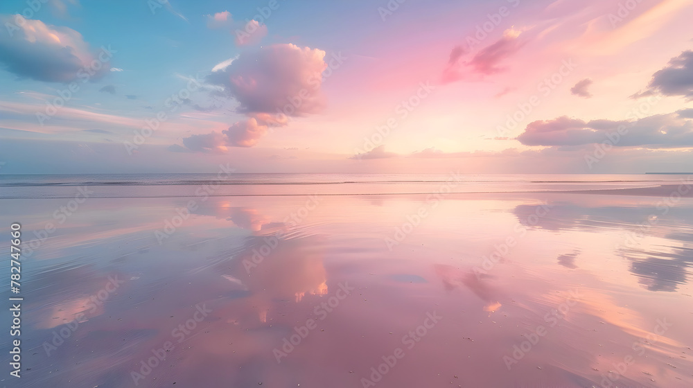 A beautiful beach scene with a pink and purple sky and a calm ocean. The sky is filled with clouds, creating a serene and peaceful atmosphere. The water is calm, reflecting the sky and the clouds