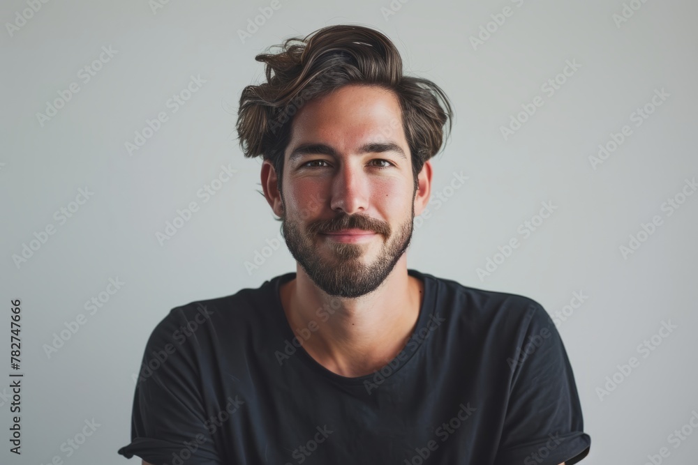 Portrait of handsome man with beard and mustache in black t-shirt Portrait of handsome man with beard and mustache in black t-shirt