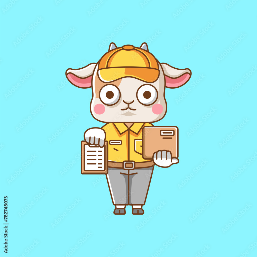 Cute goat courier package delivery animal chibi character mascot icon flat line art style illustration concept cartoon