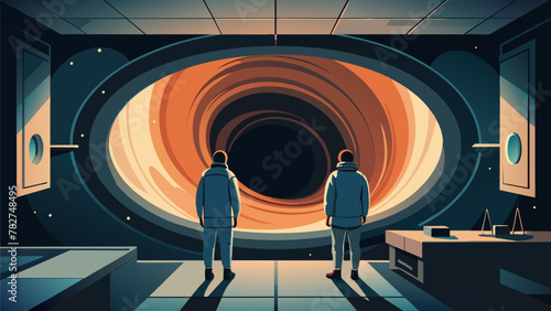 Through the small window of the spacecraft the vast expanse of the black hole and its swirling vortex could be seen while inside the explorers