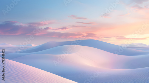 A beautiful  serene landscape of a desert with a pink and orange sky. The sky is filled with clouds  and the sun is setting  casting a warm glow over the sand dunes. The scene is peaceful and calming