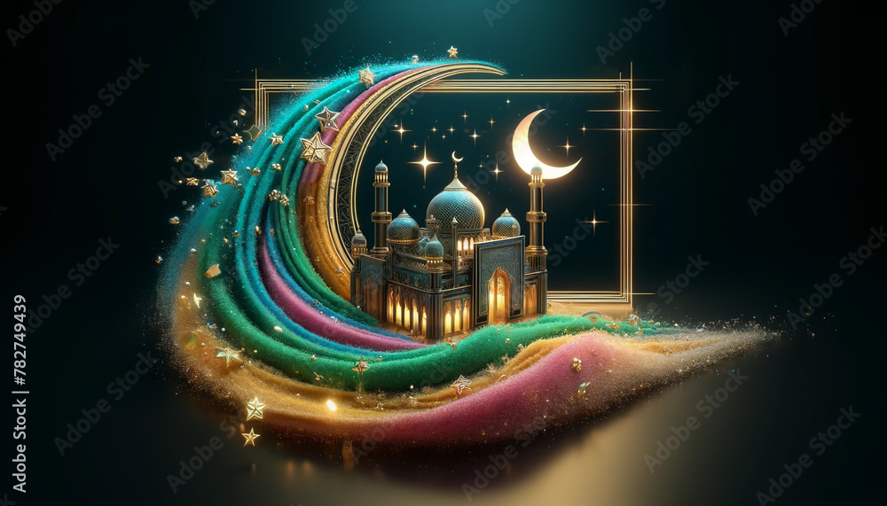 A colorful building with a large gold moon in the center. The building is surrounded by a wave of colorful glitter A colorful building with a large gold moon in the center. The building is surrounded by a wave of colorful glitter