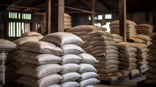 Warehouse with rice or sugar bags in a warehouse