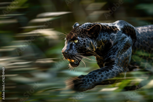 A black panther in motion  with a blurred background highlighting its sleek grace and power