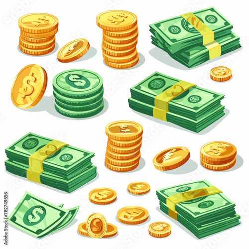 Cartoon money and coins. Green dollar banknotes pile, golden coin and rich.