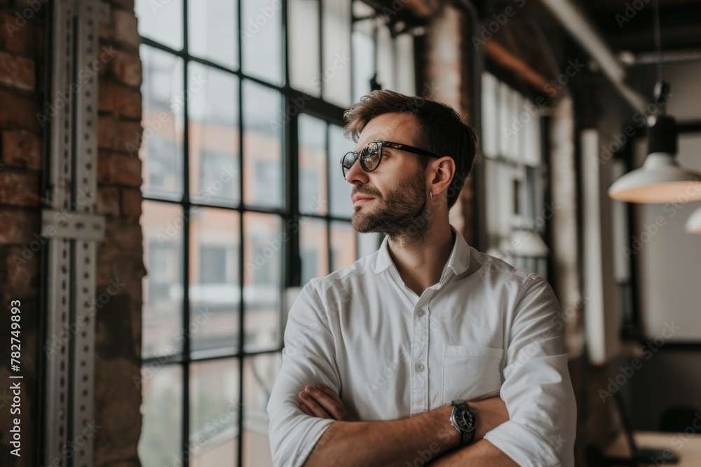 Portrait of smiling businessman boss standing in his modern business company office Portrait of smiling businessman boss standing in his modern business company office